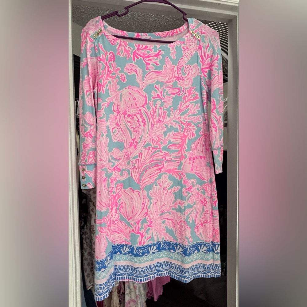 Pink & Light Blue Floral 3/4 Sleeve Dress